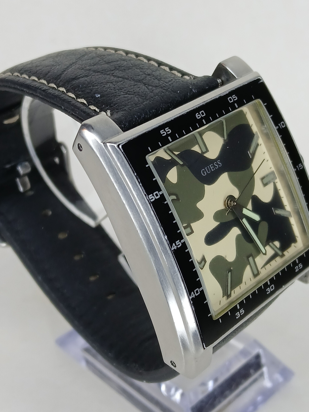 GUESS W95065G1 Camo Dial Square Watch Mens Black Leather Strap Water Resistant